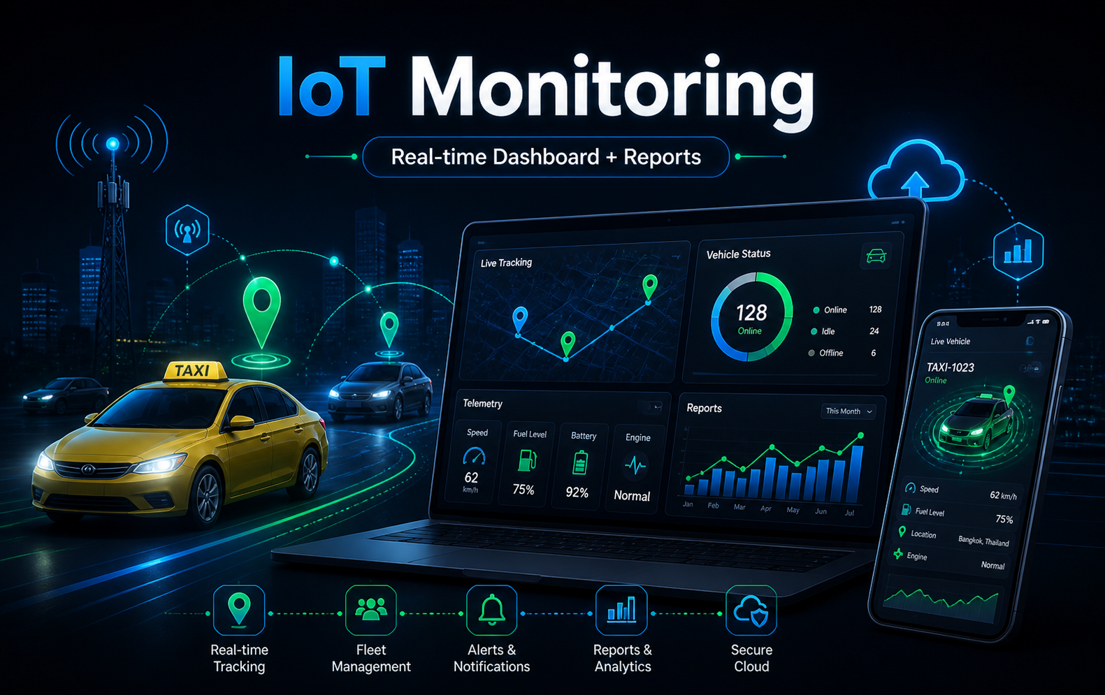 Dark-tech poster cover for IoT Monitoring platform
