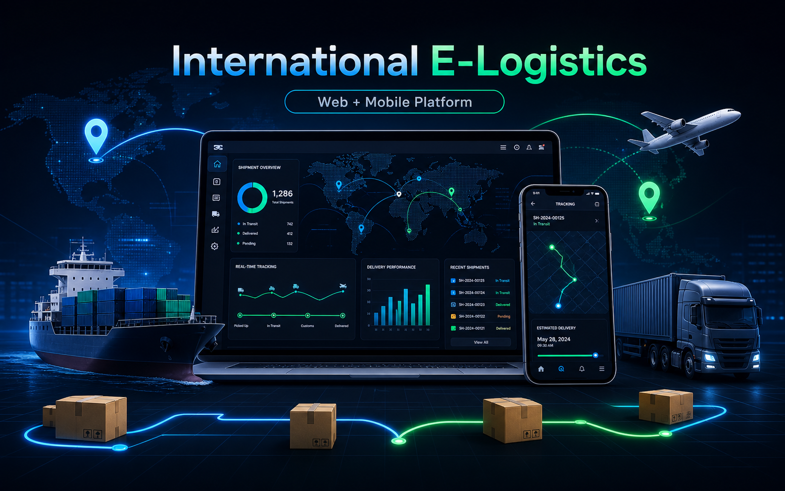 Dark-tech poster cover for International E-Logistics System