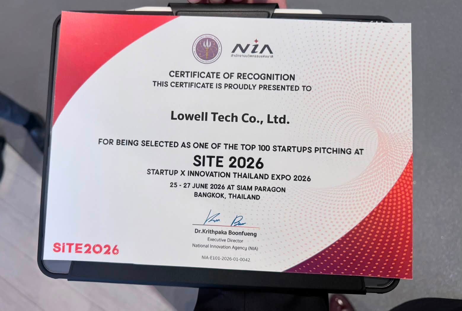 ใบประกาศการได้รับคัดเลือกเป็นหนึ่งใน Top 100 Startups Pitching ของ SITE 2026